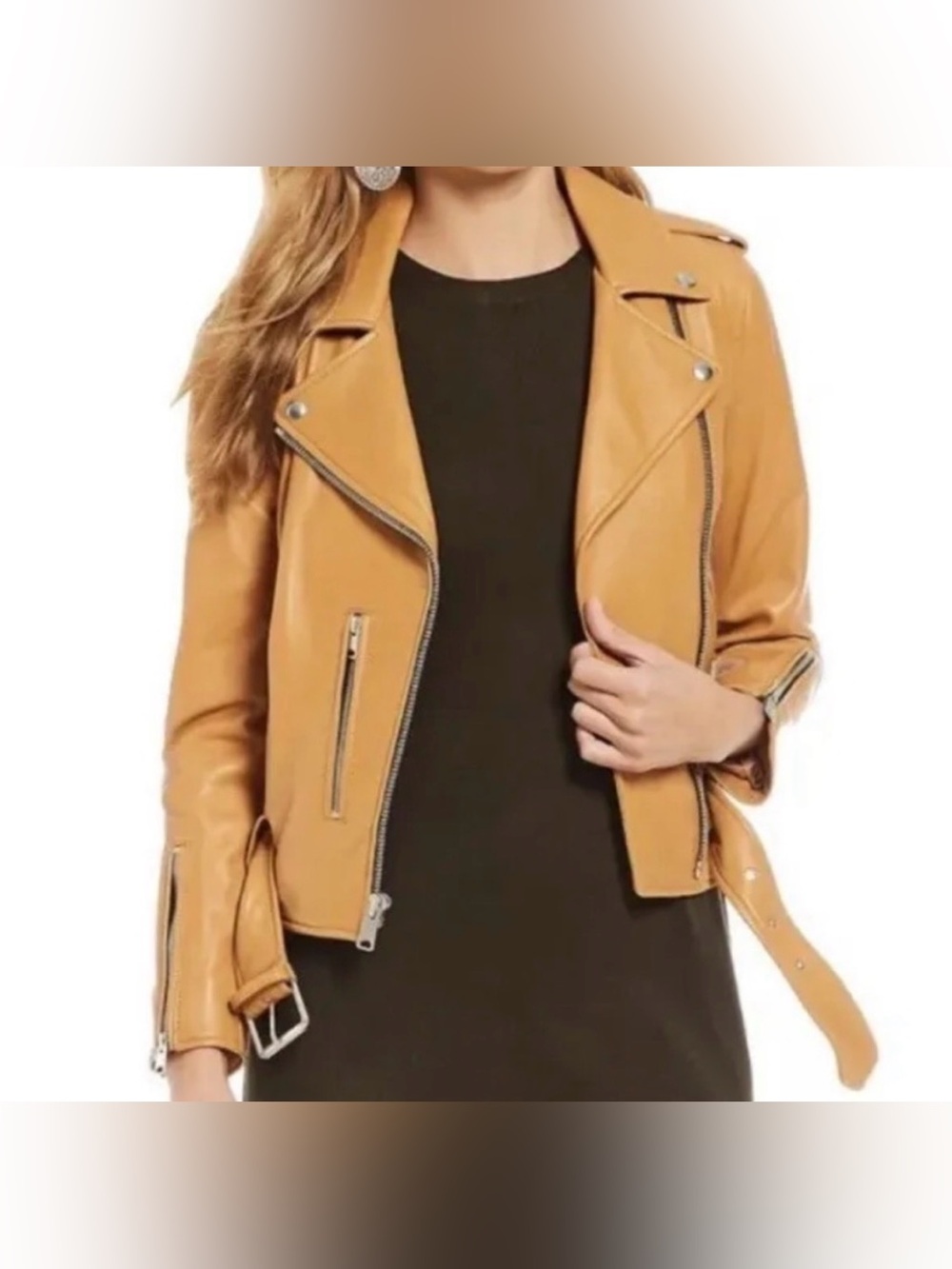 Gianni Bini Leather Noel Moto Jacket Tan Camel XS